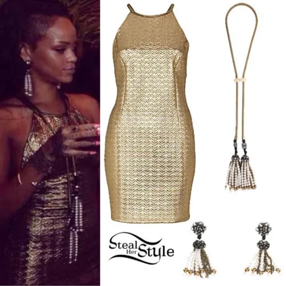 Rihanna for River Island Gold Metallic Crossover Back Dress size 8 - Picture 2 of 9